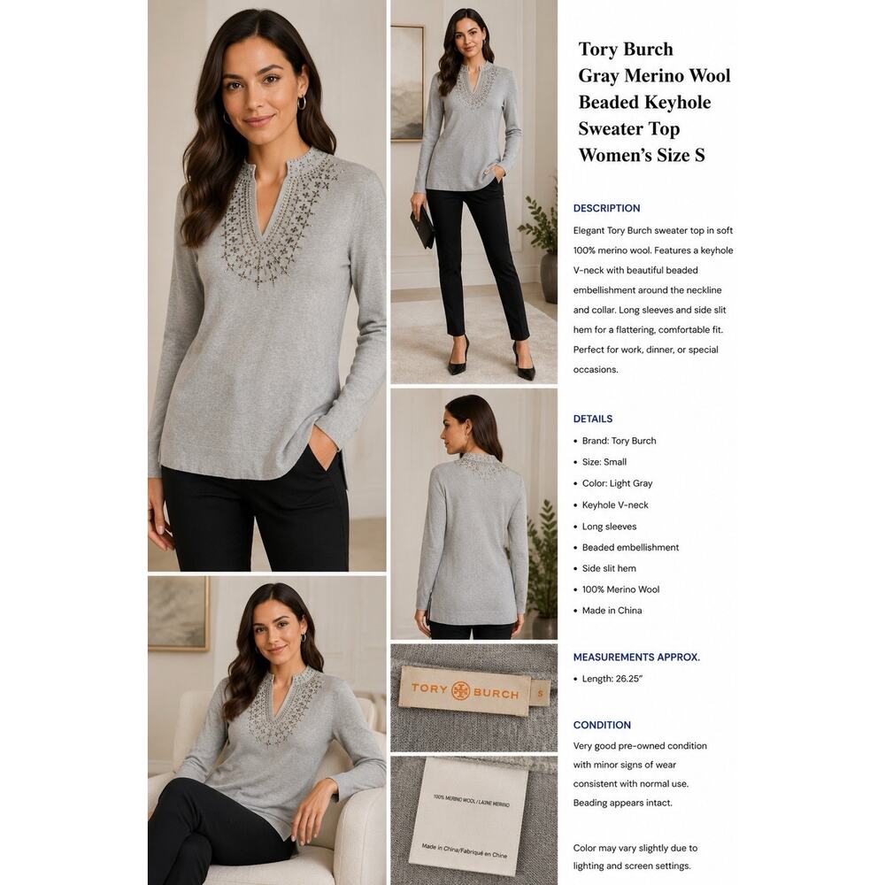 Tory Burch Gray Merino Wool Beaded Keyhole Sweater Top Women’s Size S